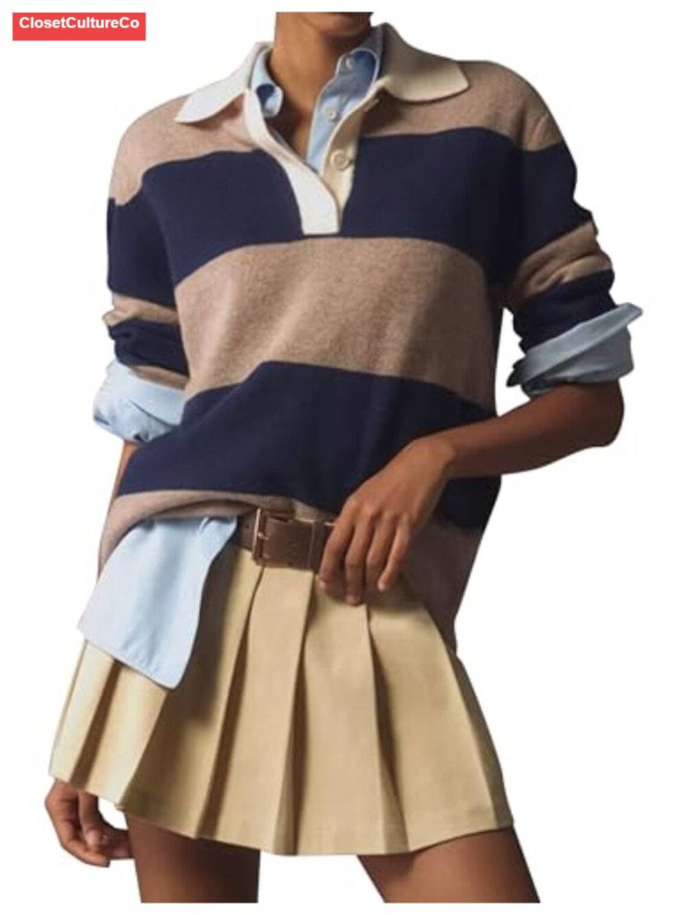 Womens Striped Sweater Rugby Polo Pullover V-Neck Button Front Boxy Fit
